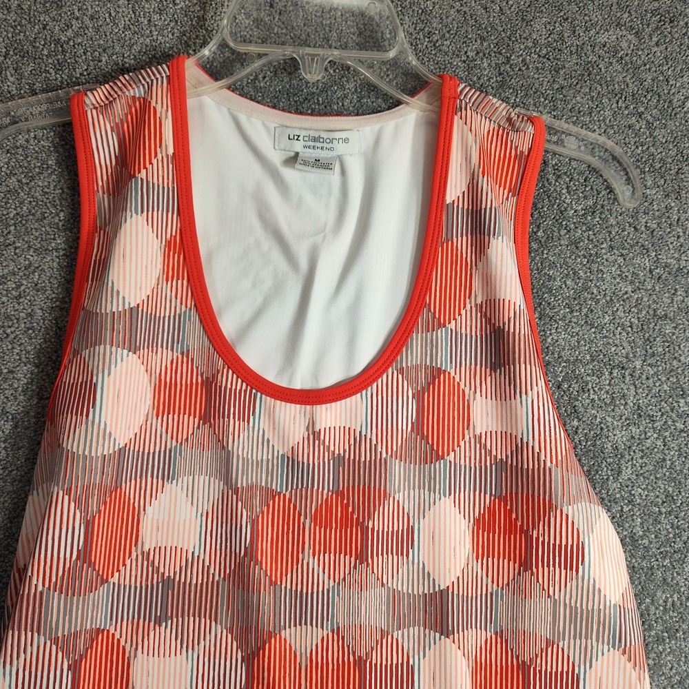 Liz Claiborne Blouse Womens M Weekend Orange White Geometric Sleeveless Good